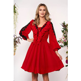 Piros elegáns harang ruha v-dekoltázzsal muszlinból csipke díszítéssel << lejárt 904260