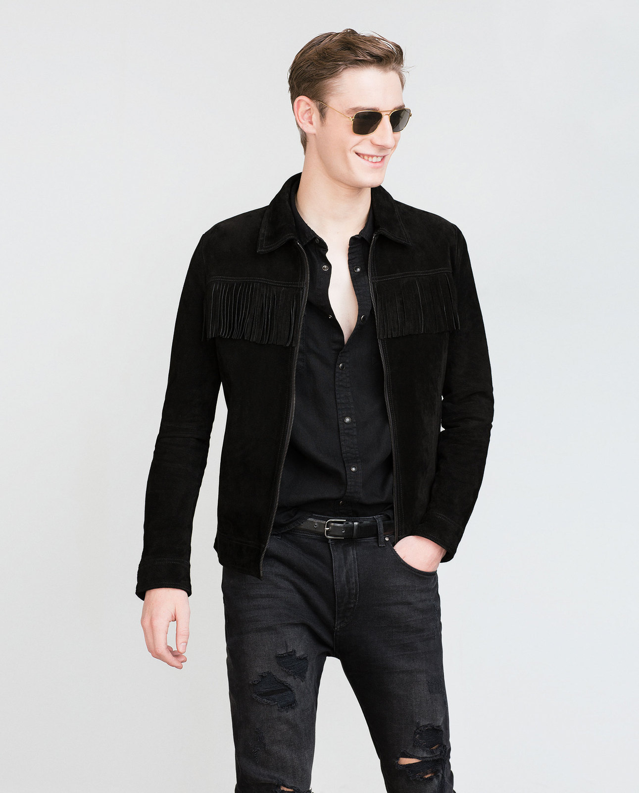 Zara férfi fekete rojtos dzseki fotója