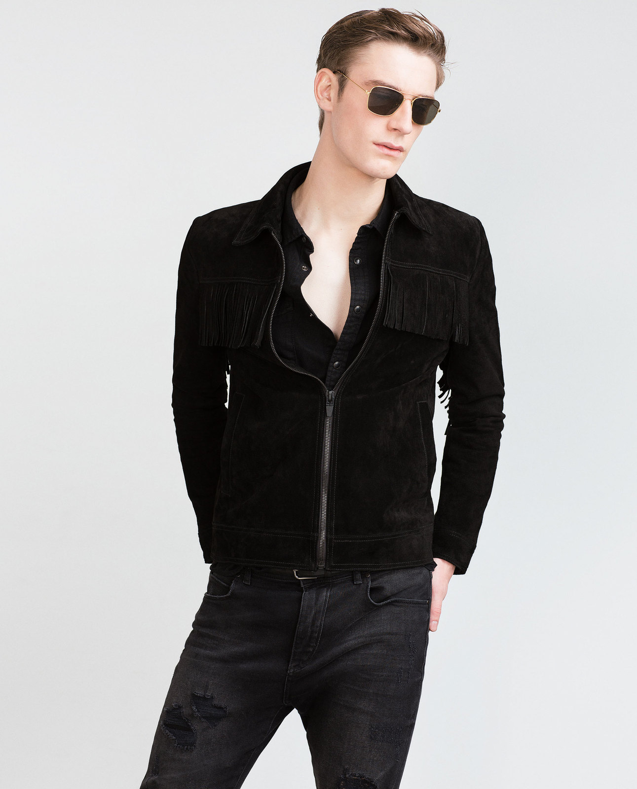 Zara férfi fekete rojtos dzseki 2015.10.15 fotója