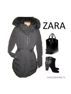 ZARA L-XL-es szőrmés kapucnis, tollal bélelt, csinos meleg kabát << lejárt 229116
