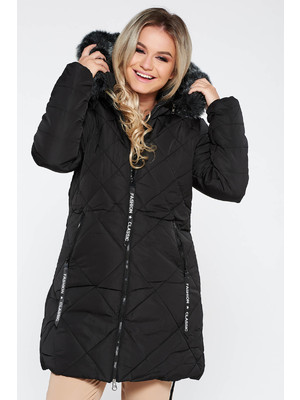 Fekete SunShine casual vízhatlan dzseki bundabélessel ellátva egyenes szabás szőrmés kapucnival
