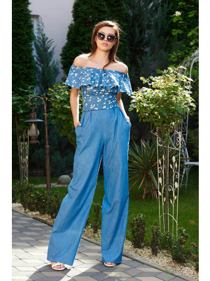 Kék StarShinerS nadrág casual farmerarnyagból magas derekú bővülő zsebes