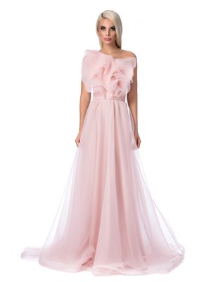 Világos rózsaszínű Ana Radu luxus fodros egy vállas ruha tüllből béléssel