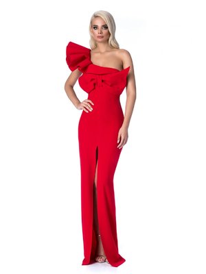 Piros Ana Radu alkalmi hosszú szirén tipusú ruha szűk szabás fodros masni díszítéssel << lejárt 372042
