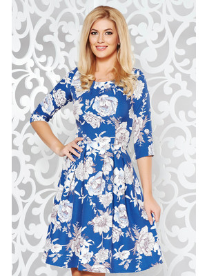 Kék elegáns harang ruha enyhén elasztikus szövet virágmintás << lejárt 412410