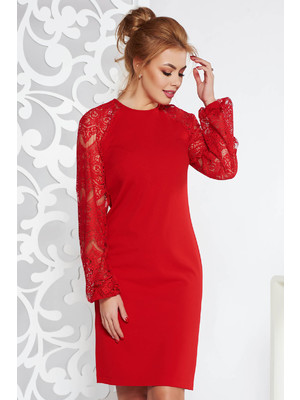 Piros StarShinerS elegáns bő szabású midi ruha enyhén rugalmas anyag csipke ujjakkal << lejárt 449556