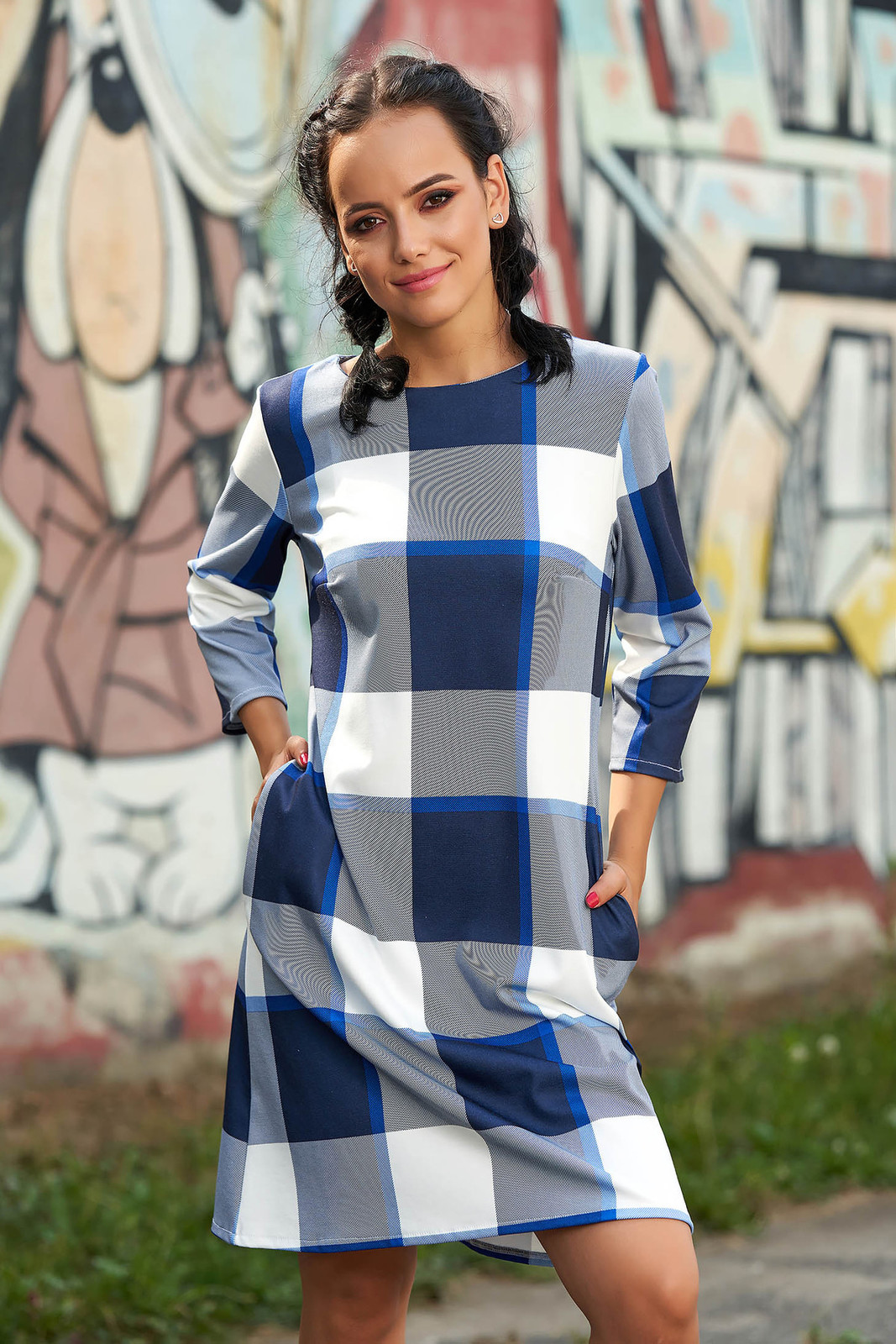 Kék casual hétköznapi rövid a-vonalú zsebes ruha háromnegyedes ujjakkal bélés nélkül fotója