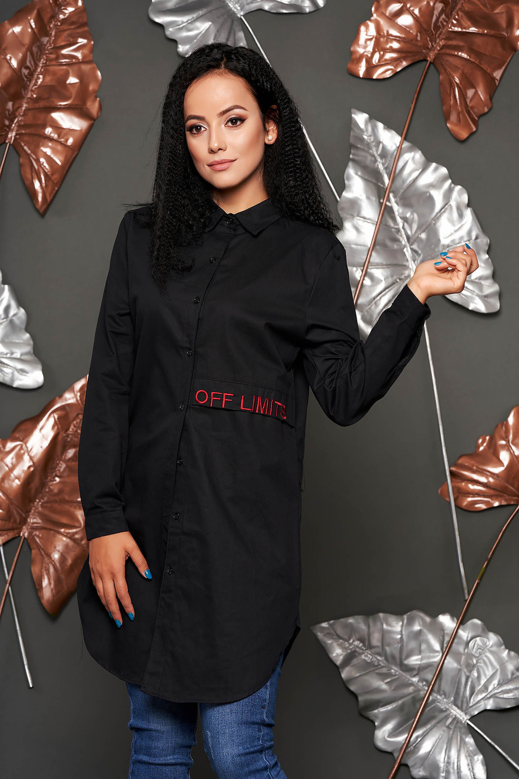Fekete casual bő szabású hímzett asszimmetrikus női ing hosszú ujjakkal << lejárt 2700486 72 fotója