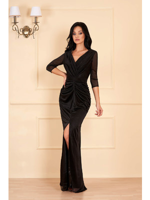 Fekete alkalmi hosszú szirén tipusú ruha csillogó díszítésekkel v-dekoltázzsal