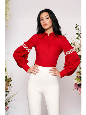 Piros elegáns rövid bő ujjú pamutból készült galléros női ing hosszú ujjakkal << lejárt 550437