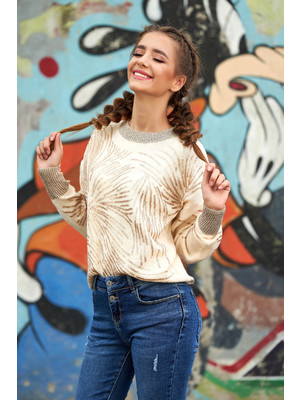 Krémszínű pulóver casual rövid bő szabású kötött flitteres díszítéssel pólónyakkal