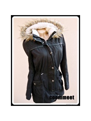 Atmosphere fekete, bőrszegélyes, derékrészen szűkíthető, kapucnis parka kabát (40) << lejárt 998084