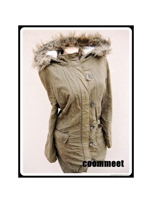 F&F khaki, levehető szőrmés, derékrészen-/alul szűkíthető, puha, kapucnis, parka kabát (40) << lejárt 717993