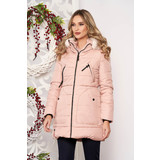 Púder rózsaszínű casual midi vízhatlan zsebes szőrmés kapucnis dzseki eltávolítható kapucnival és hosszú ujjakkal