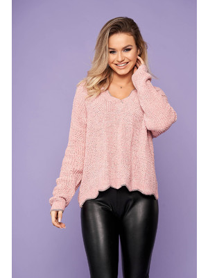 Pink casual rövid kötött bő szabású pulóver v-dekoltázzsal