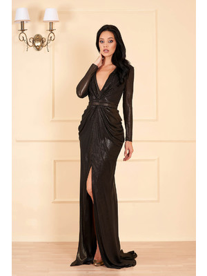 Fekete Ana Radu luxus hosszú ruha mély v-dekoltázzsal hosszú ujjakkal béléssel << lejárt 838565