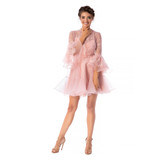 Púder rózsaszínű Ana Radu luxus rövid harang ruha csipkés anyagból és muszlinból bővülő háromnegyedes ujjakkal