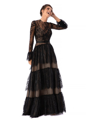 Fekete Ana Radu luxus hosszú harang ruha hosszú bővülő ujjakkal csipkés anyagból eltávolítható övvel << lejárt 409957