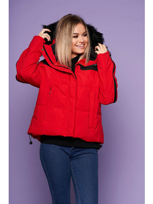 Piros oversized casual bő szabású fix kapucnis dzseki műszőrmével steppelt anyagból