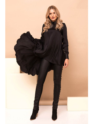 Fekete casual magas derekú leggings műbőrből fém díszítésekkel