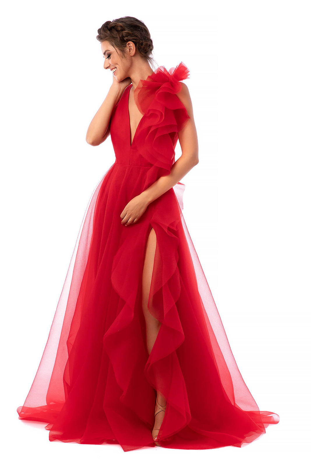 Piros Ana Radu alkalmi ruha v-dekoltázzsal deréktól bővülő szabású tüllből fotója