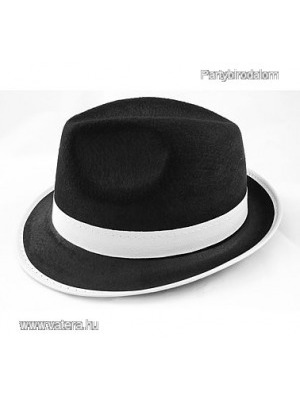 Fekete, textil gengszter kalap (Jackson kalap), fehér szalaggal(H-12278) << lejárt 187233