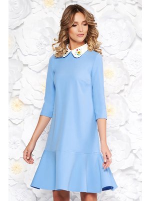 Kék StarShinerS elegáns bő szabású ruha enyhén elasztikus szövet kerek gallér hímzett << lejárt 309631