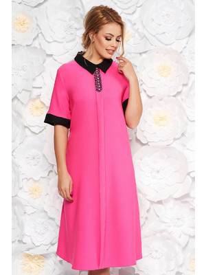 Pink elegáns midi bő szabású ruha finom tapintású anyag zsebes gyöngyös díszítés
