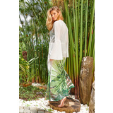 Zöld Cosita Linda strandi bő szabású ruha hosszú ujjakkal enyhén áttetsző anyag virágmintás díszítéssel derékban zsinórral köthető meg