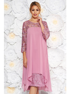 Rózsaszínű alkalmi egyenes ruha enyhén elasztikus szövet csipke ujj muszlinból << lejárt 507916