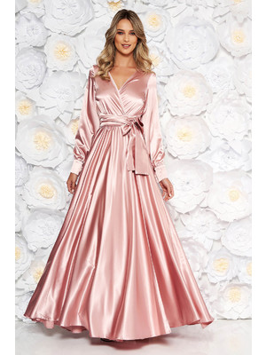 Világos rózsaszín LaDonna alkalmi hosszú harang ruha elasztikus csípővel szatén anyagból