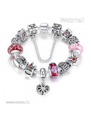 BAMOER ezüstözött Pandora stílusú Charm karkötő, szív és virág motívumokkal, piros-rózsaszín - 18 cm << lejárt 978194