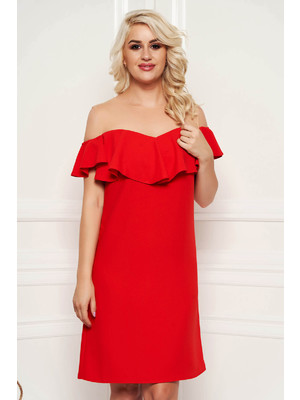 Piros ruha elegáns egyenes midi fodros vállon hálószerű betét bélés nélkül << lejárt 810677