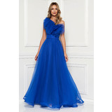 Kék Ana Radu luxus fodros egy vállas ruha tüllből béléssel