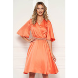 Narancs StarShinerS elegáns midi ruha szaténból deréktól bővülő szabás v-dekoltázzsal pillangó típusú ujjakkal