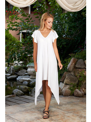 Fehér StarShinerS ruha hétköznapi aszimetrikus midi bő szabású v-dekoltázzsal fodros ujjakkal << lejárt 23040