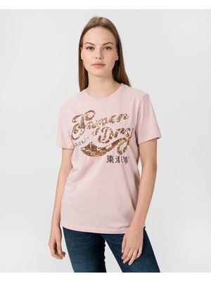 SuperDry Script Sequin Póló Rózsaszín Bézs