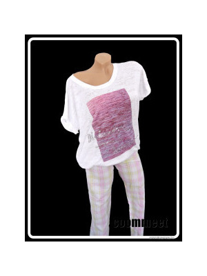 Fehér-rózsaszín, cirmos felsős, kockás alsós pizsama (44-46) << lejárt 896573