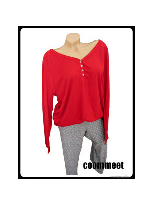 Piros-szürke, bordázott felsős, pöttyös alsós pizsama (XXL) << lejárt 171762
